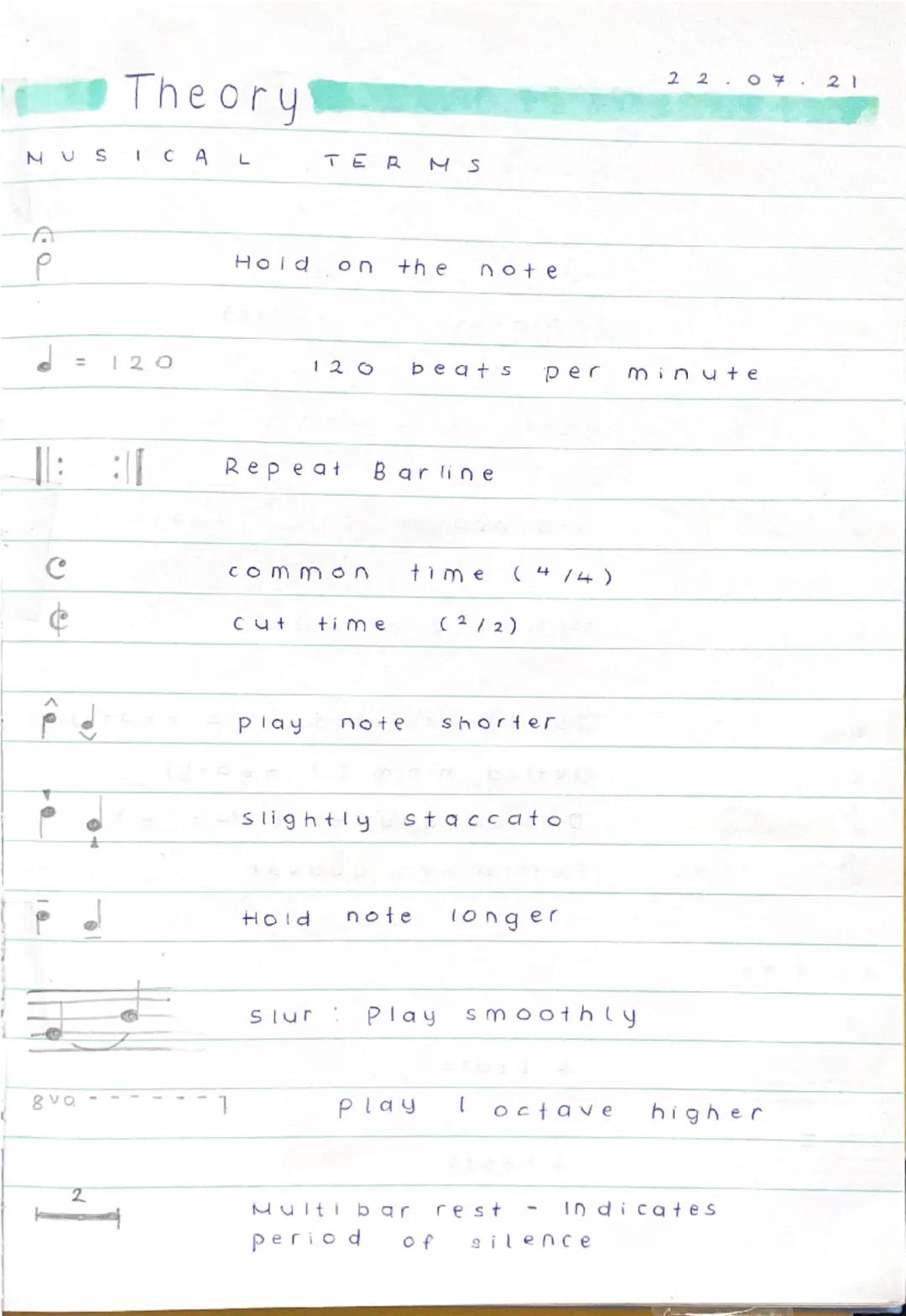 Theory
MUSICAL TERMS - GRADE 1
20.07.21
A tempo
play at normal speed
Accelerando
Gradually faster
Adagio
At a slow tempo
Allegretto
moderate
