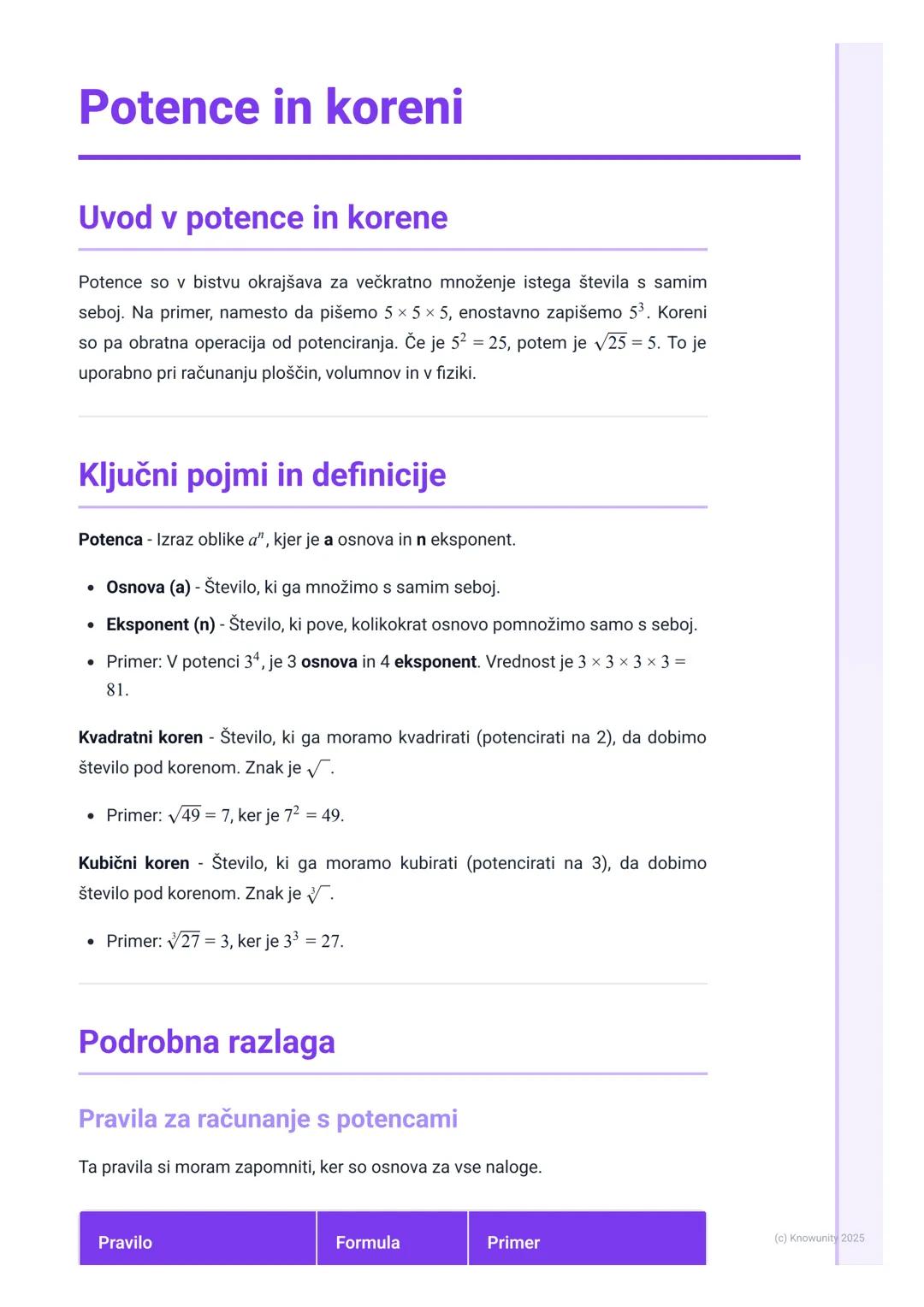 # Potence in koreni
Uvod v potence in korene
Potence so v bistvu okrajšava za večkratno množenje istega števila s samim
seboj. Na primer,