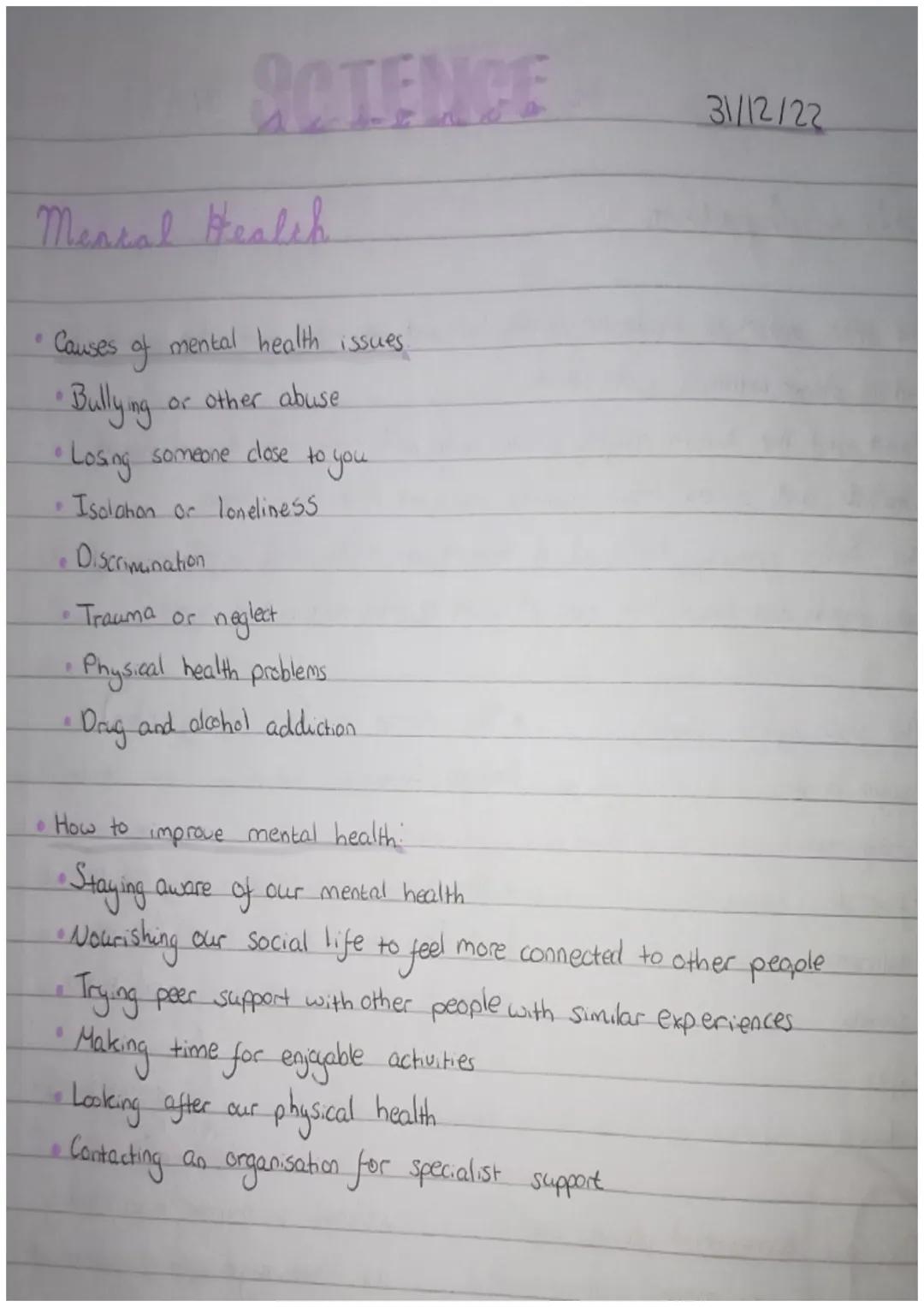 SCIENCE
31/12/22
Mental Health
*Health includes physical, mental and social well-being
*Mental health ssues include stress, anxiety and dep