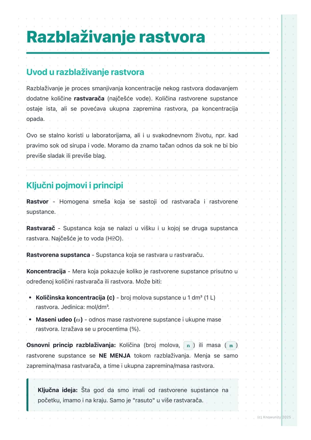 # Razblaživanje rastvora
## Uvod u razblaživanje rastvora
Razblaživanje je proces smanjivanja koncentracije nekog rastvora dodavanjem
doda