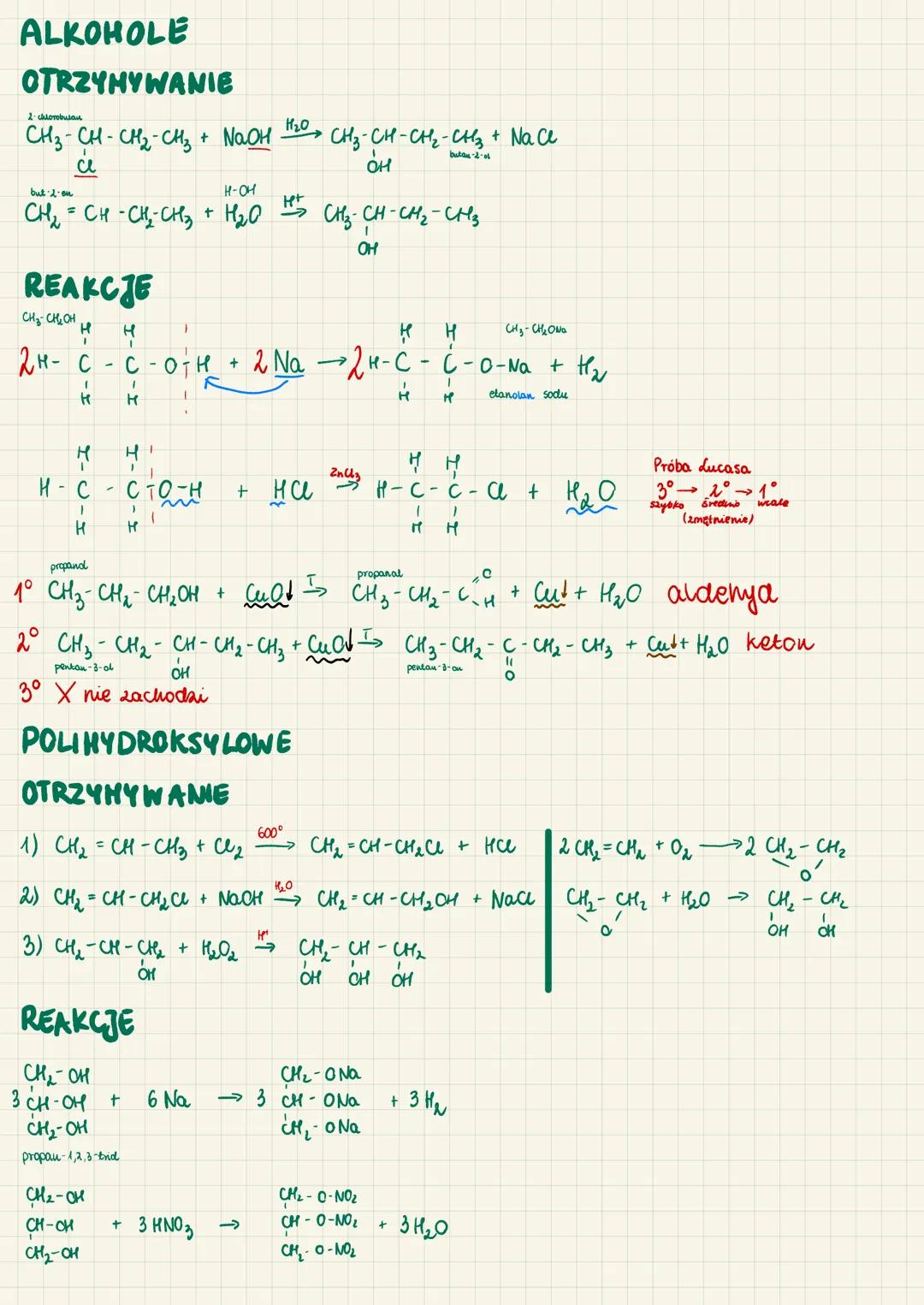 # ALKOHOLE
OTRZYMYWANIE
CH3-CH-CH2-CH3 + NaOH H2O CH3-CH-CH2-CH3 + NaCe
but 2 on
H-OH
он
CH2=CH-CH2-CH3 + H2O CH3-CH-CH2-CH3
REAKCJE
OH
CH