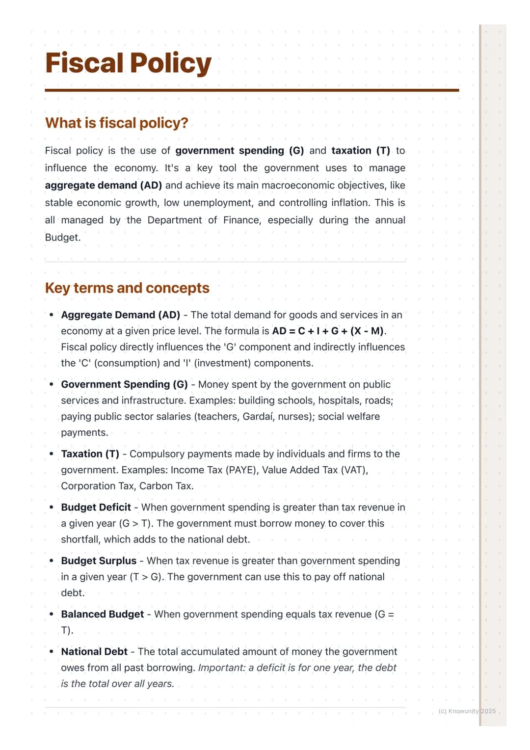 # Fiscal Policy
What is fiscal policy?
Fiscal policy is the use of government spending (G) and taxation (T) to
influence the economy. It's