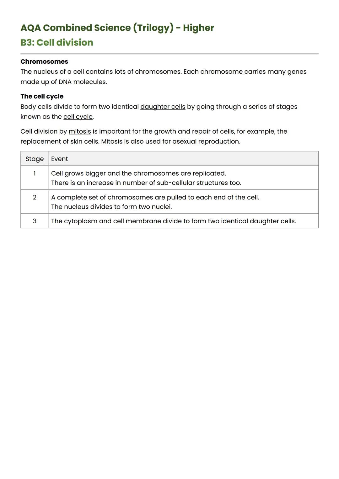 # AQA Combined Science (Trilogy) - Higher
# B3: Cell division
Chromosomes
The nucleus of a cell contains lots of chromosomes. Each chromo