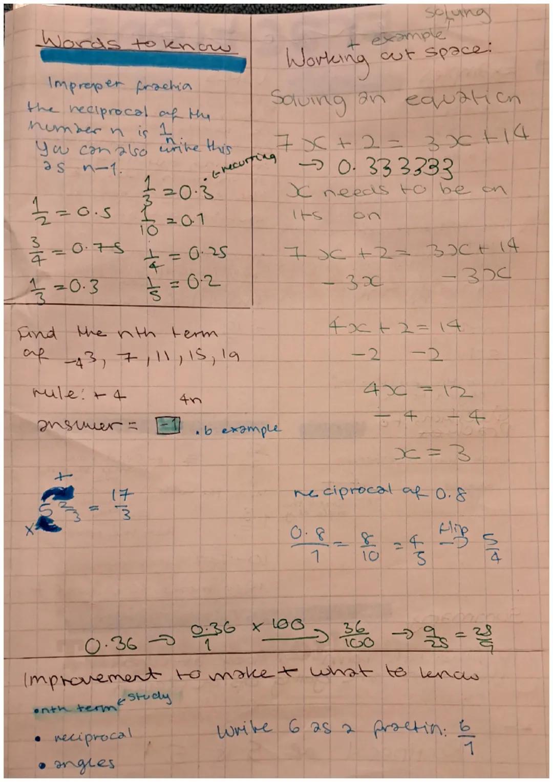 # Fractions
- Examples
$2x = 14$
$\/2 \qquad \/2$
$x = 7$
- find the role
five to the power of negsh
$n' = n$
$n-1 = \frac{1}{n!} = \