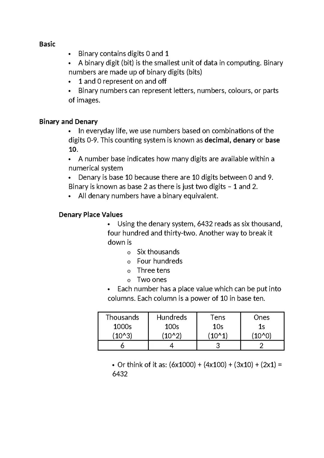 Binary and Denary with Place Values Notes