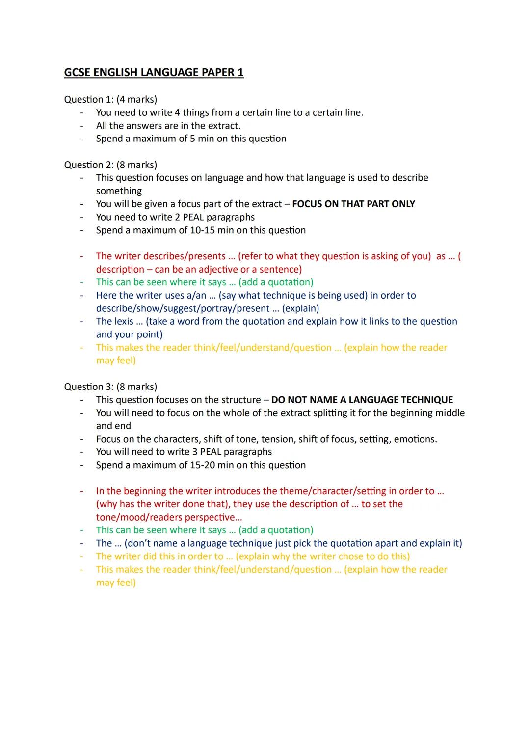 GCSE ENGLISH LANGUAGE PAPER 1
Question 1: (4 marks)
- You need to write 4 things from a certain line to a certain line.
- All the answers a