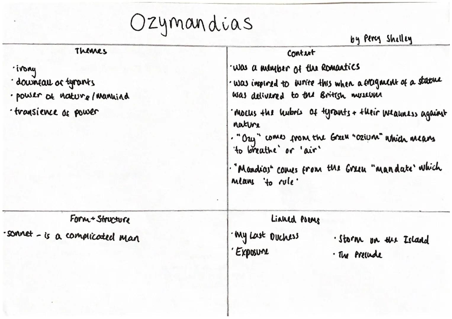 Ozymandias
Themes
Contert
by Percy Shelley
ivong
• downfall of tyrants
• power of nature/Mankind
•transience of power
Form+ Structure