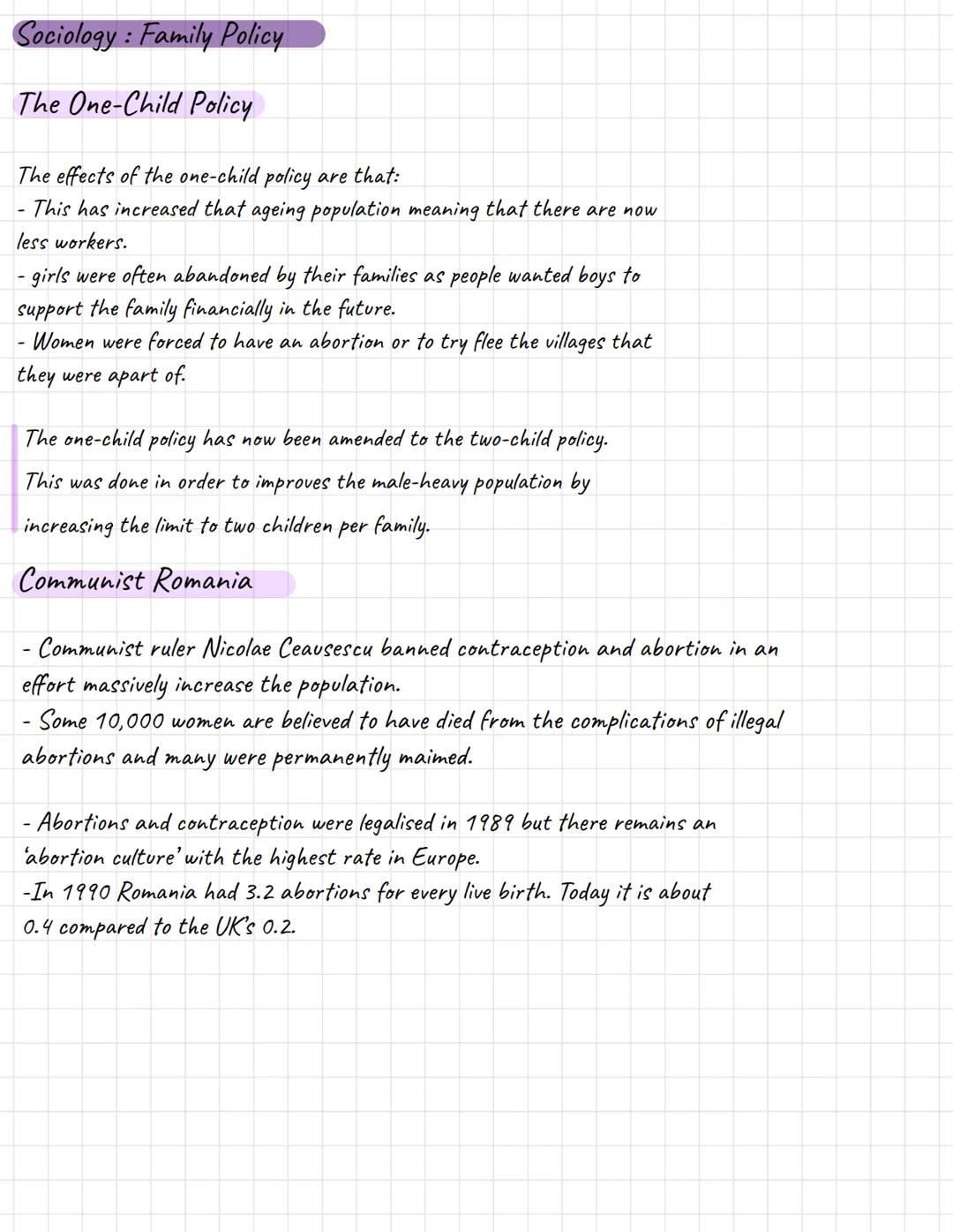 Sociology: Family Policy
The One-Child Policy
The effects of the one-child policy are that:
- This has increased that ageing population mea