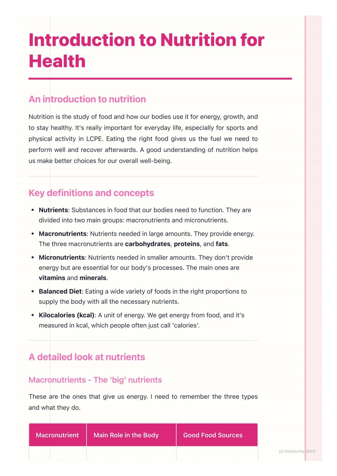 # Introduction to Nutrition for
Health
An introduction to nutrition
Nutrition is the study of food and how our bodies use it for energy, g