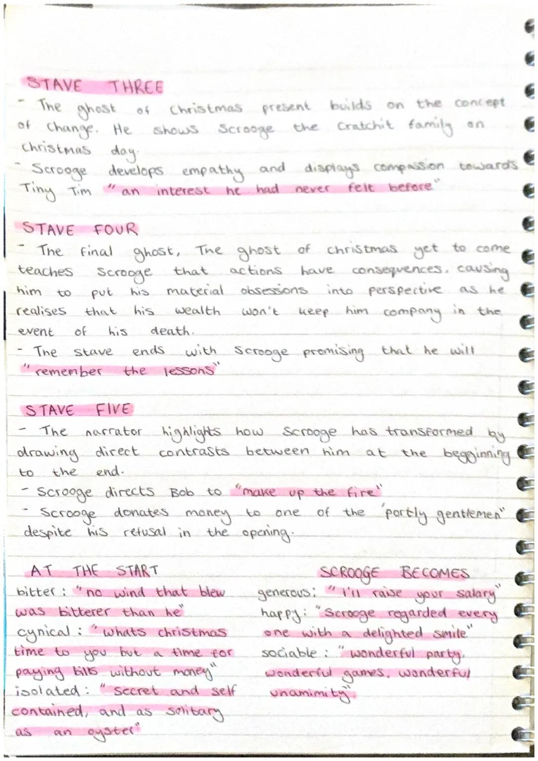 # A Christmas Carol
## Scrooge
### Change:
- Start = selfish end = generous
- no valve in anything except money $\rightarrow$ helping the