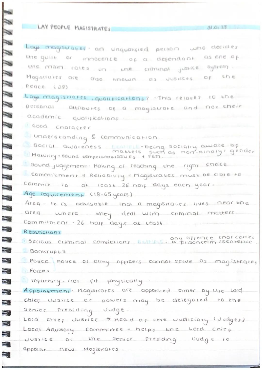 LAY PEOPLE MAGISTRATES
Laye magistrates an unqualified person who decicles
the guilt or innocence of a defendant as one of
the main roles i