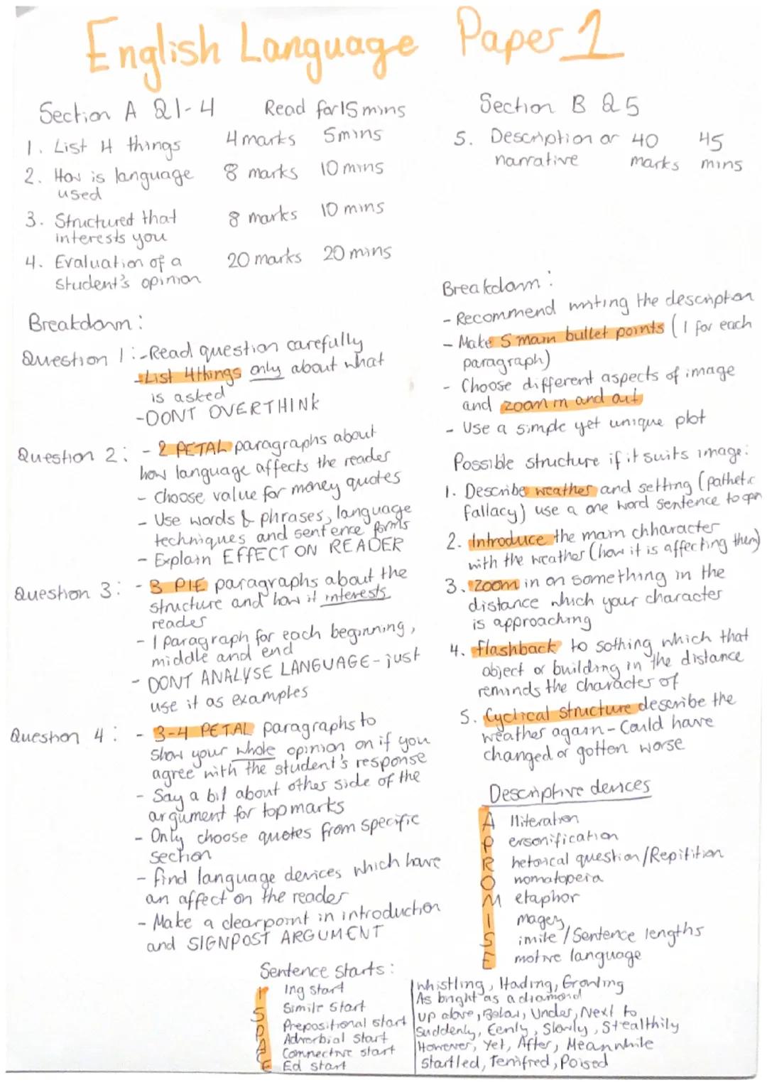 # English Language Paper 1
Section A 21-4 Read forismins
1. List H things 4 marks Smins
2. How is language 8 marks 10 mins
used
3. Struc