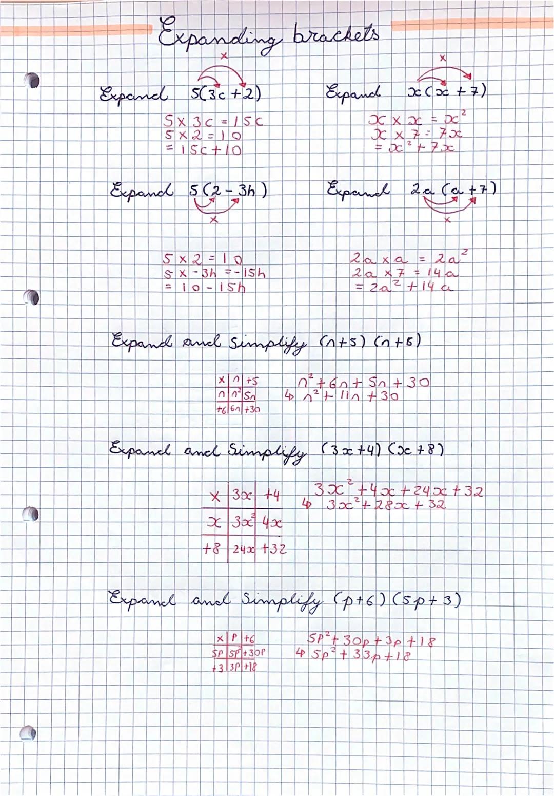 # Expanding brackets
X
Expand 5(3c+2)
Sx3c=1SC
5×2=10
=1SC+10
Expand x(x+7)
x x x = x
=Dx² + 7x
2a (a+7)
Expand 5(2-34) Expand 20 (22)
5