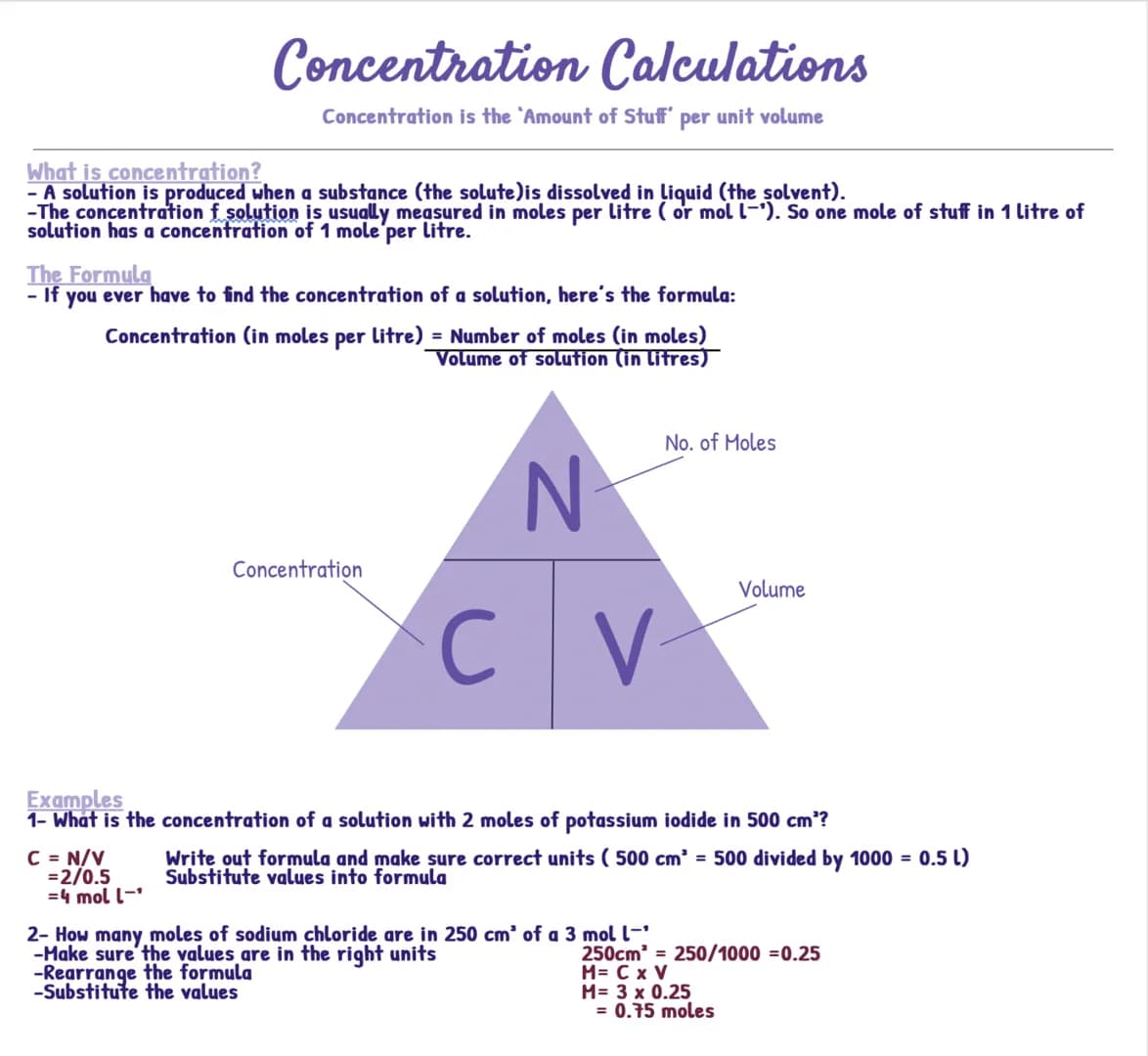 # Concentration Calculations
Concentration is the 'Amount of Stuff' per unit volume
## What is concentration?
- A solution is produced when