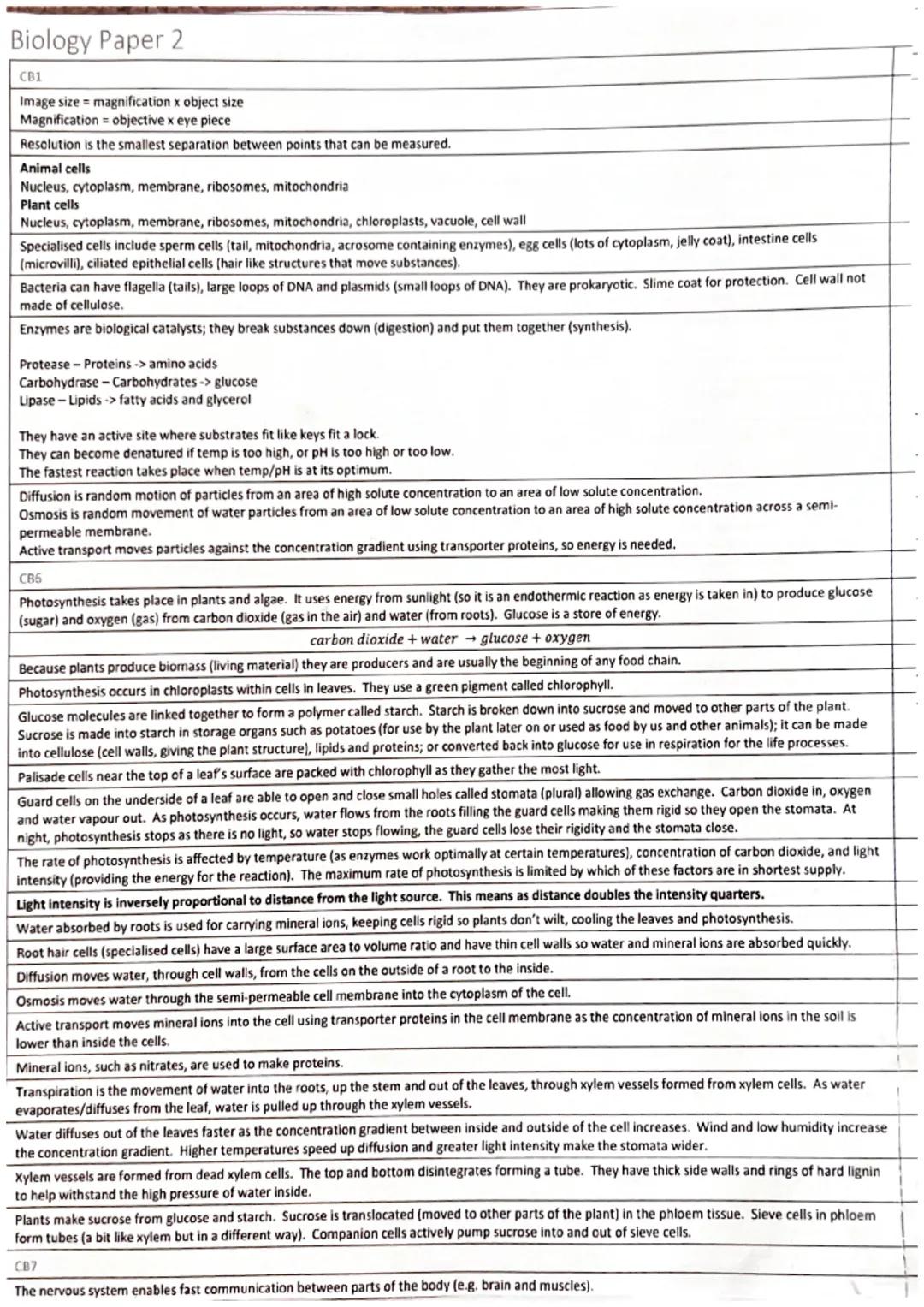 # Biology Paper 2
CB1
Image size magnification x object size
Magnification objective x eye piece
Resolution is the smallest separation betwe