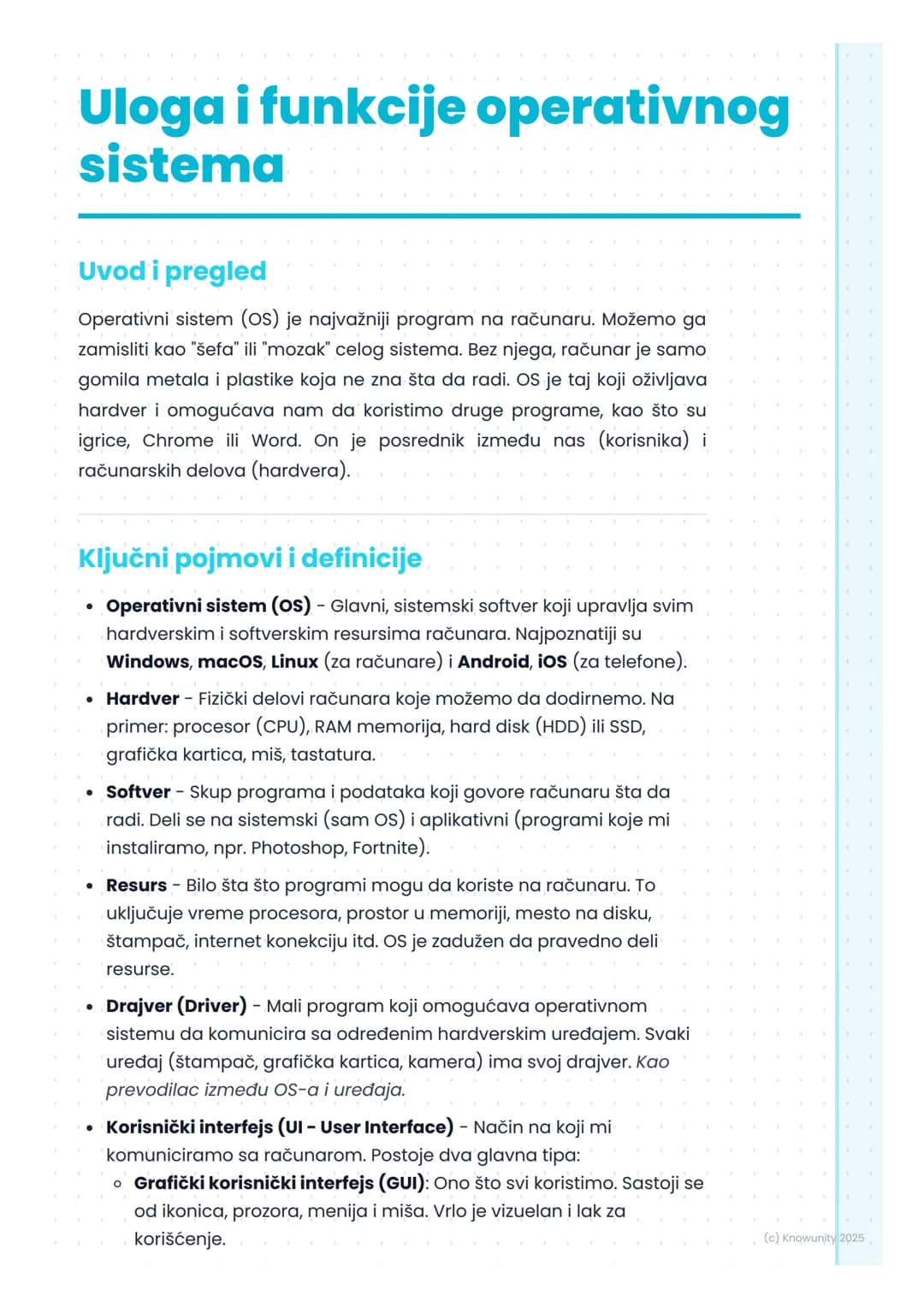 # Uloga i funkcije operativnog
sistema
Uvod i pregled
Operativni sistem (OS) je najvažniji program na računaru. Možemo ga
zamisliti kao "š