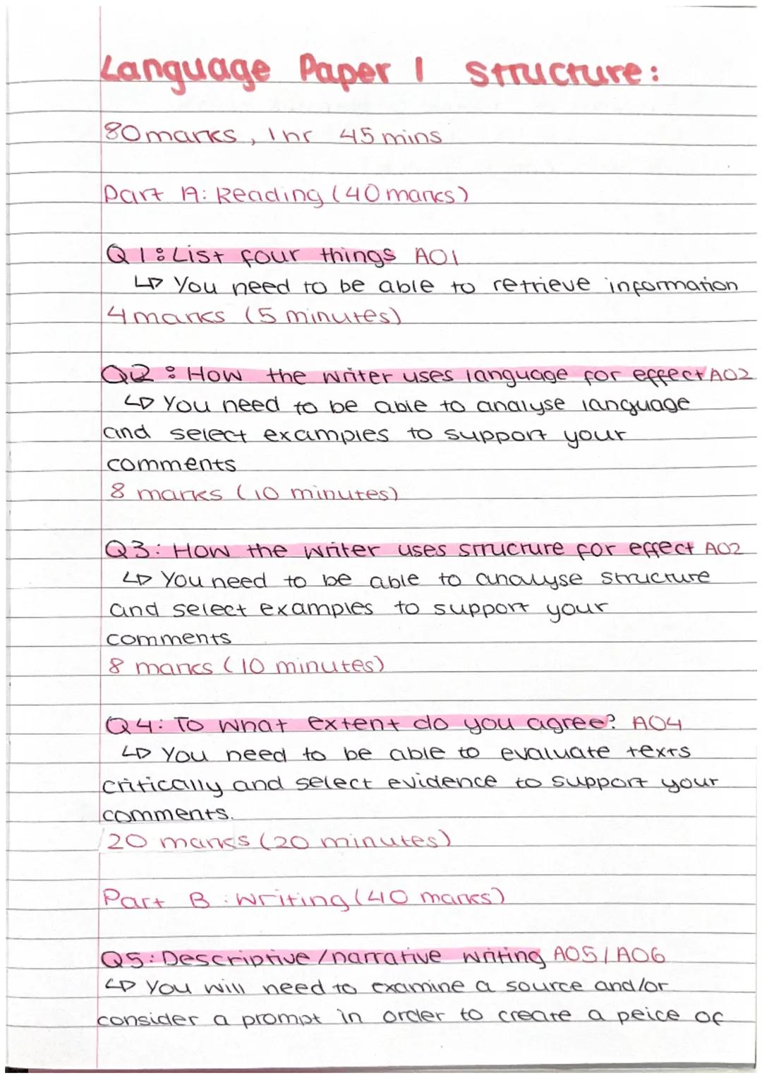 # Language Paper / Structure:
80 marks, Ihr 45 mins
Part A: Reading (40 mancs)
Q1: List four things AOI
LD You need to be able to retrie
