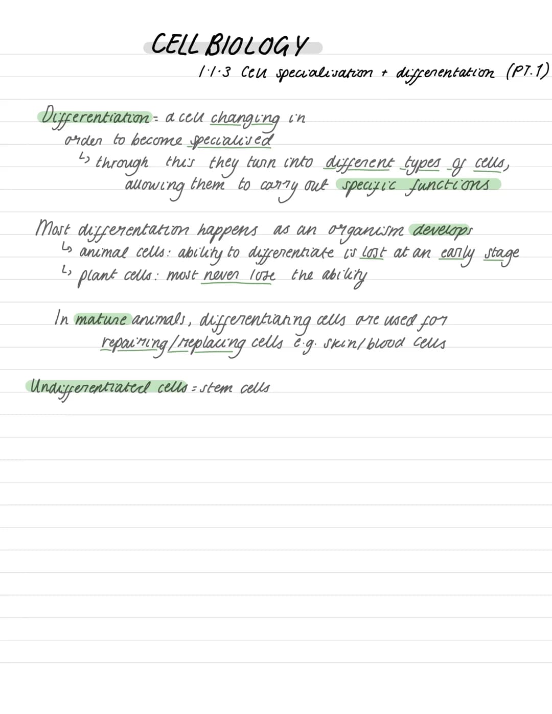 # CELL BIOLOGY
## 1.1.3 Cell specialisation + differentiation (PT.1)
- Differentiation: a cell changing in
order to become specialised
↳