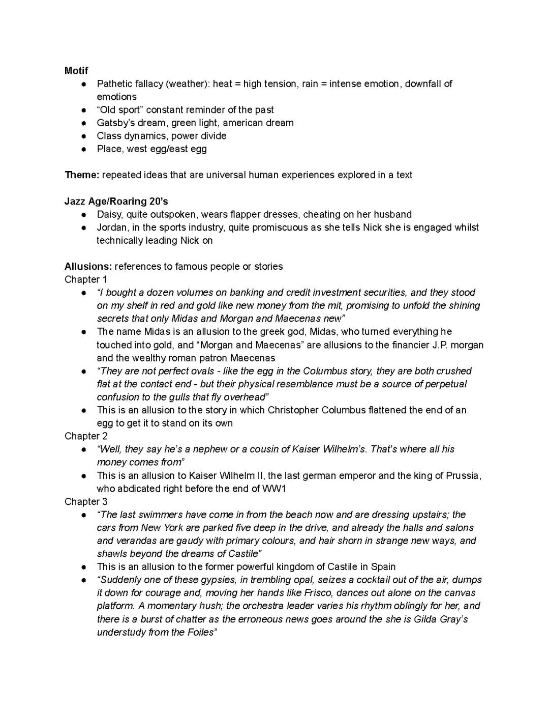 Mini The Great Gatsby Themes and Ideas Revision Sheet