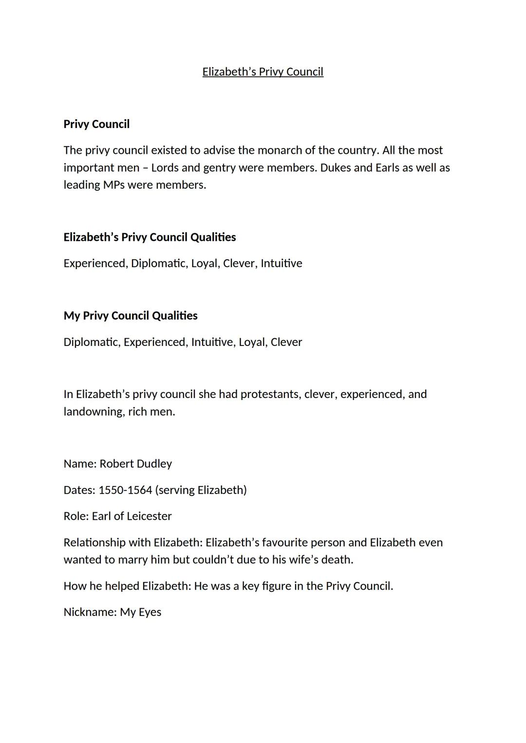 Elizabeth's Privy Council Notes