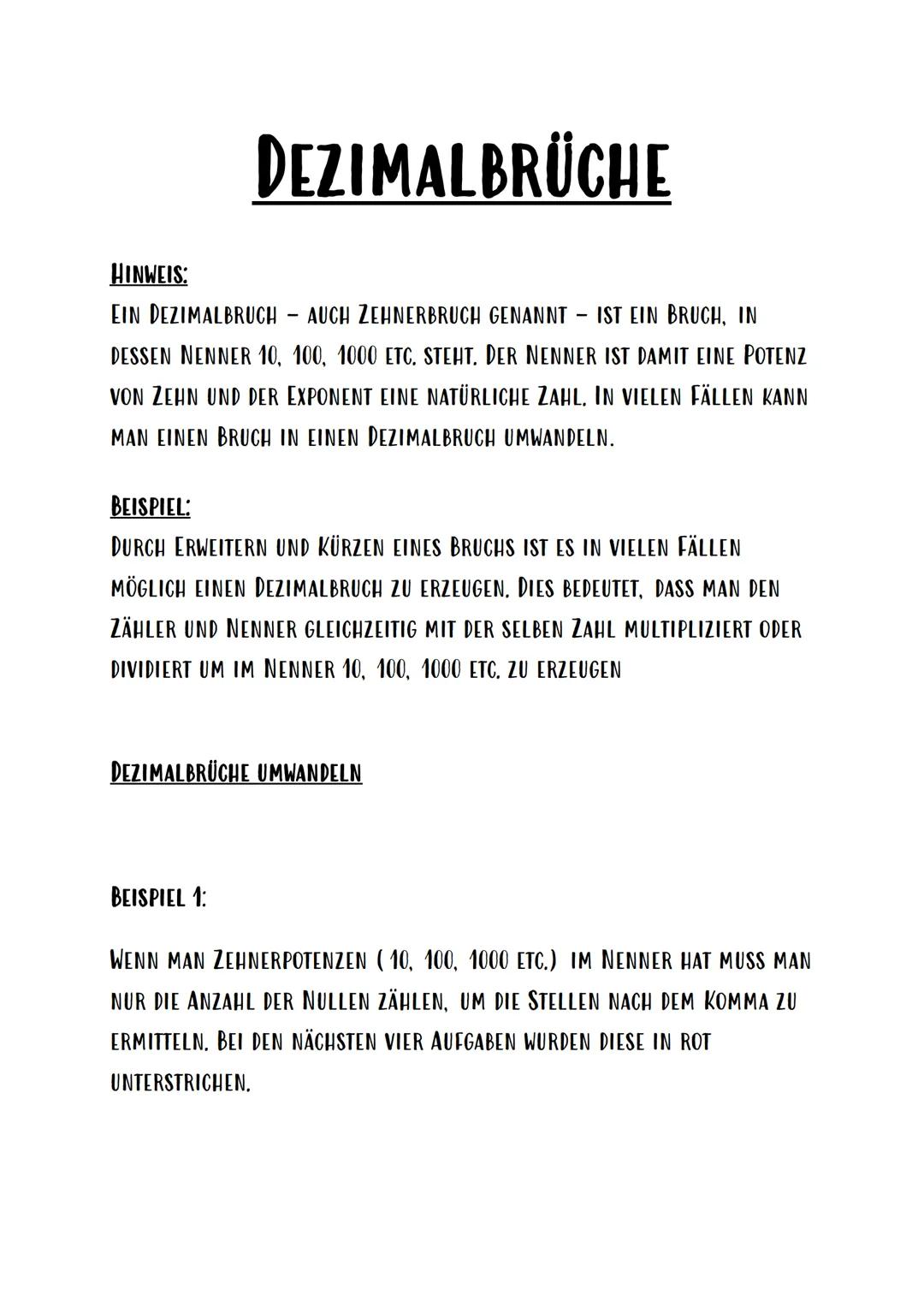 # DEZIMALBRÜCHE
## HINWEIS:
EIN DEZIMALBRUCH - AUCH ZEHNERBRUCH GENANNT - IST EIN BRUCH, IN
DESSEN NENNER 10, 100, 1000 ETC. STEHT. DER NEN