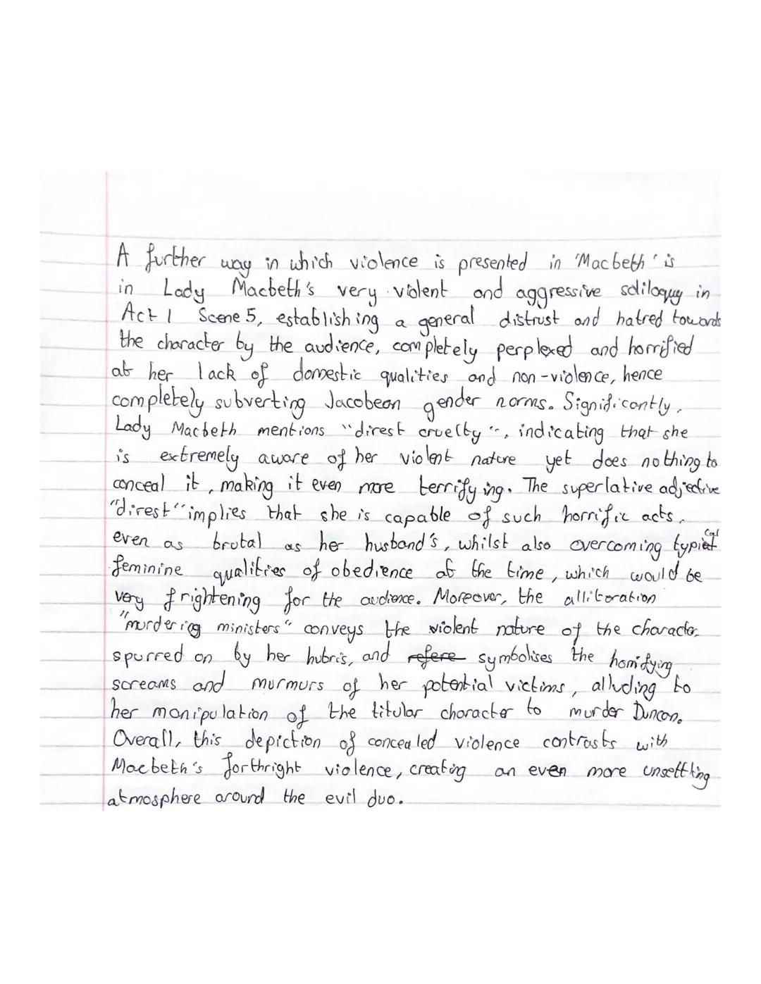 An initial way in which violence is presented throughout
`Macbeth' is through very gruesome descriptive imagery
during battles, juxtaposing