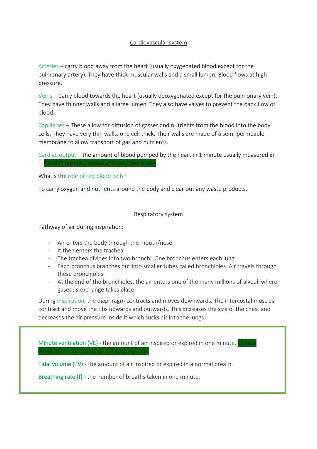 Cardiovascular system
Arteries - carry blood away from the heart (usually oxygenated blood except for the
pulmonary artery). They have thick