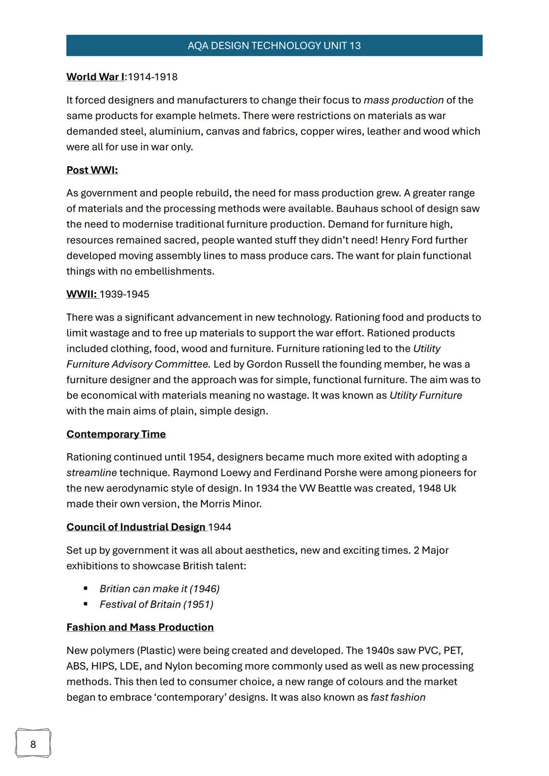 1
AQA DESIGN TECHNOLOGY UNIT 13
AQA
Design
Technology
Unit 13
Revision Notes
• Unit 13 Topic 1 -Design Methods
• Unit 13 Topic 2 - Design In