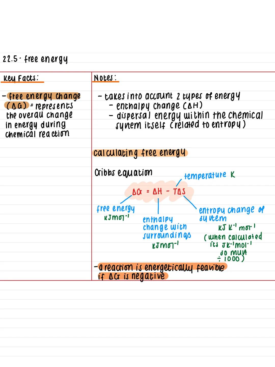 22.5 free energy.
Key Facts:
- free energy change.
(AG) represents
the overau change
in energy during
Chemical reaction
Notes:
- takes into