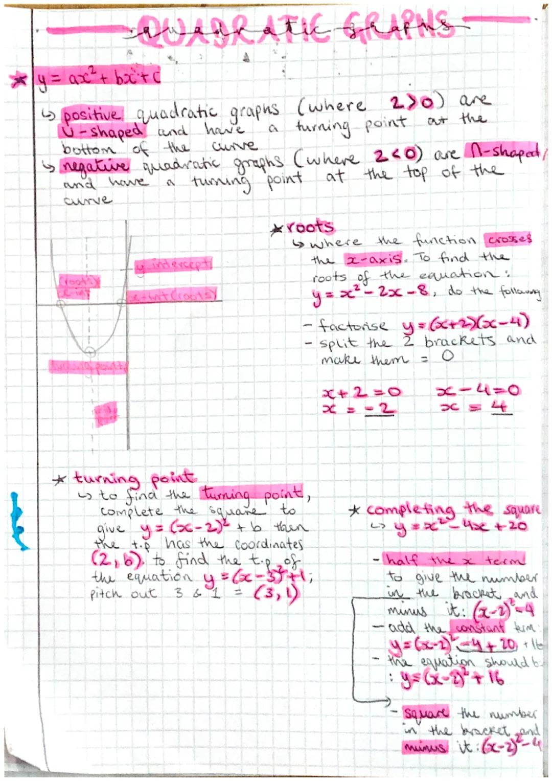 # QUADRATIC GRAPNS-
* y = ax²+bx+c
positive quadratic graphs (where 2>0) are
U-shaped and have a turning point at the
bottom of the curve.