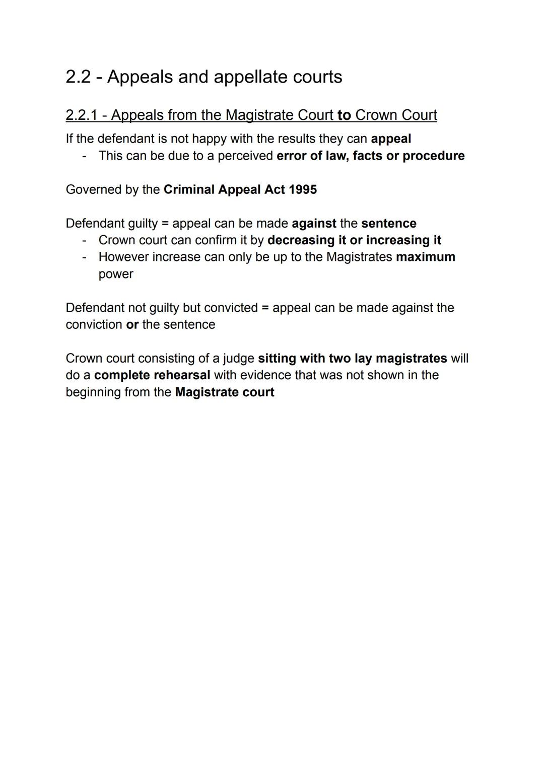 2.1 Criminal process
There are two courts that hear trials of the criminal courts
- Magistrates
- Crown
Defendant pleads guilty = receive