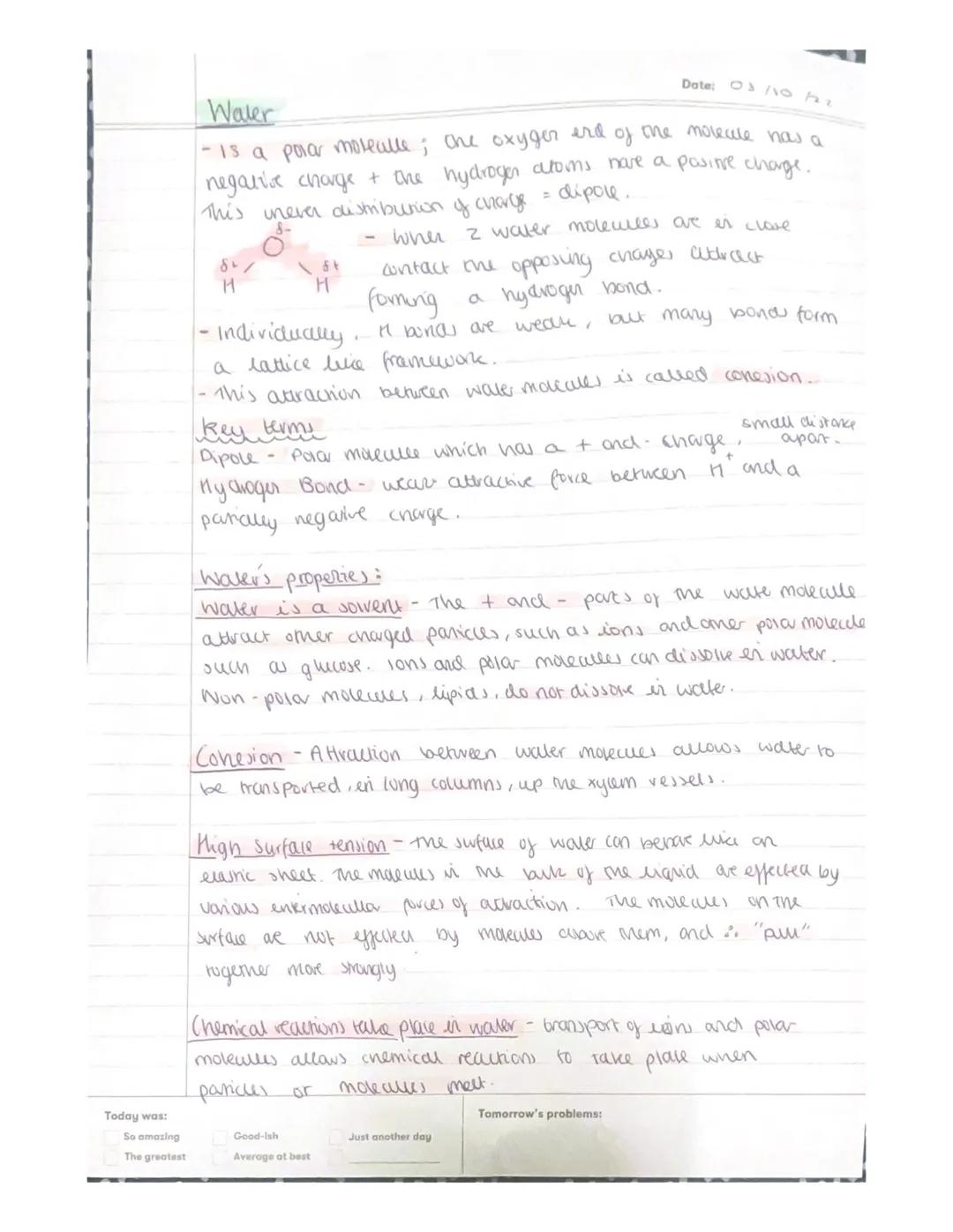Date: 3/10 ha
Waler
- is a porar moleulle; the oxyger end of the molecule nas a
negative charge + the hydrogen atoms have a pasive charge.