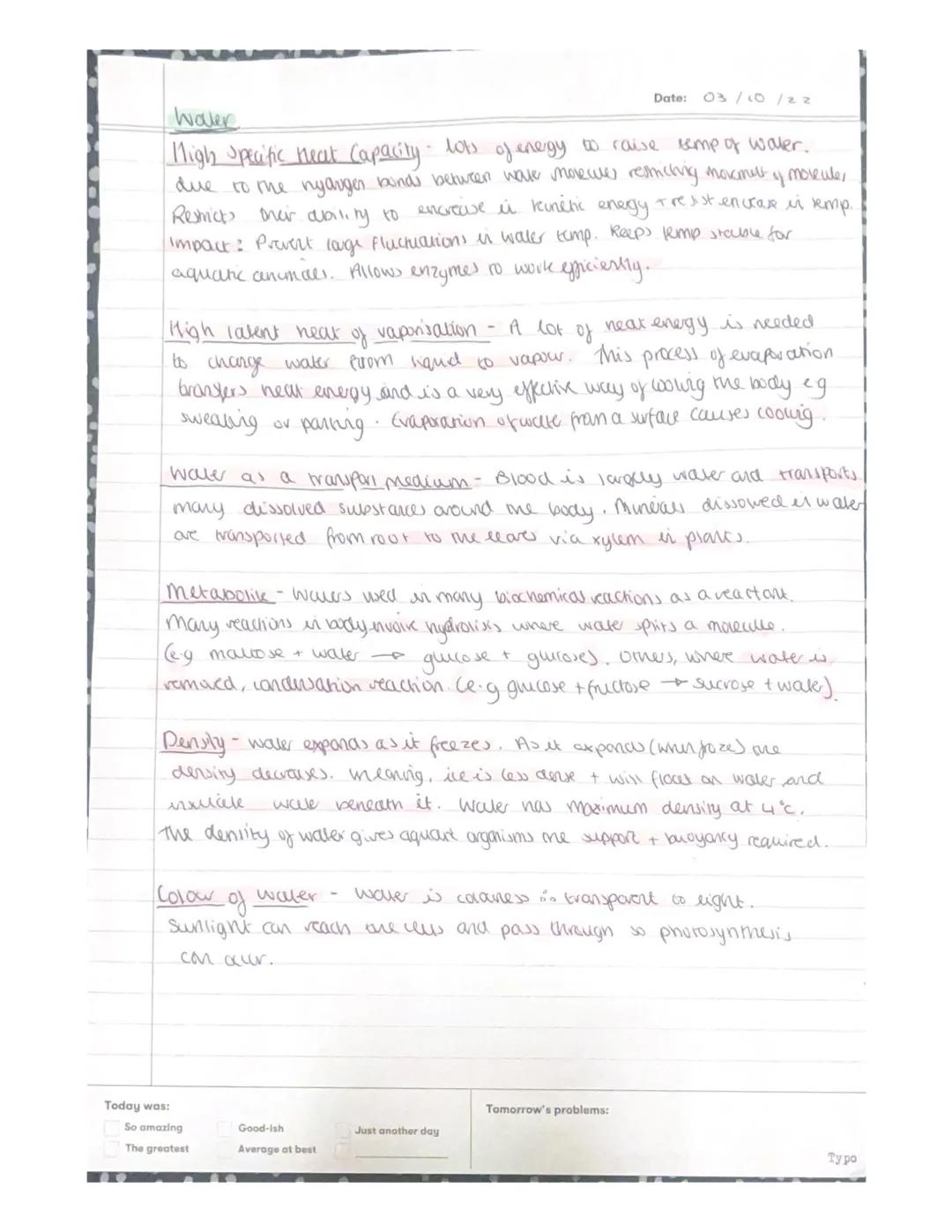 Date: 3/10 ha
Waler
- is a porar moleulle; the oxyger end of the molecule nas a
negative charge + the hydrogen atoms have a pasive charge.