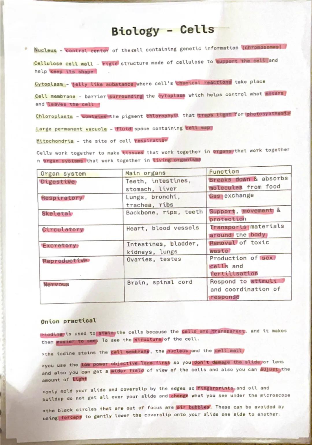 Biology Cells
-
Nucleus control center of the cell containing genetic information (chromosomes)
Cellulose cell wall-rigid structure made of