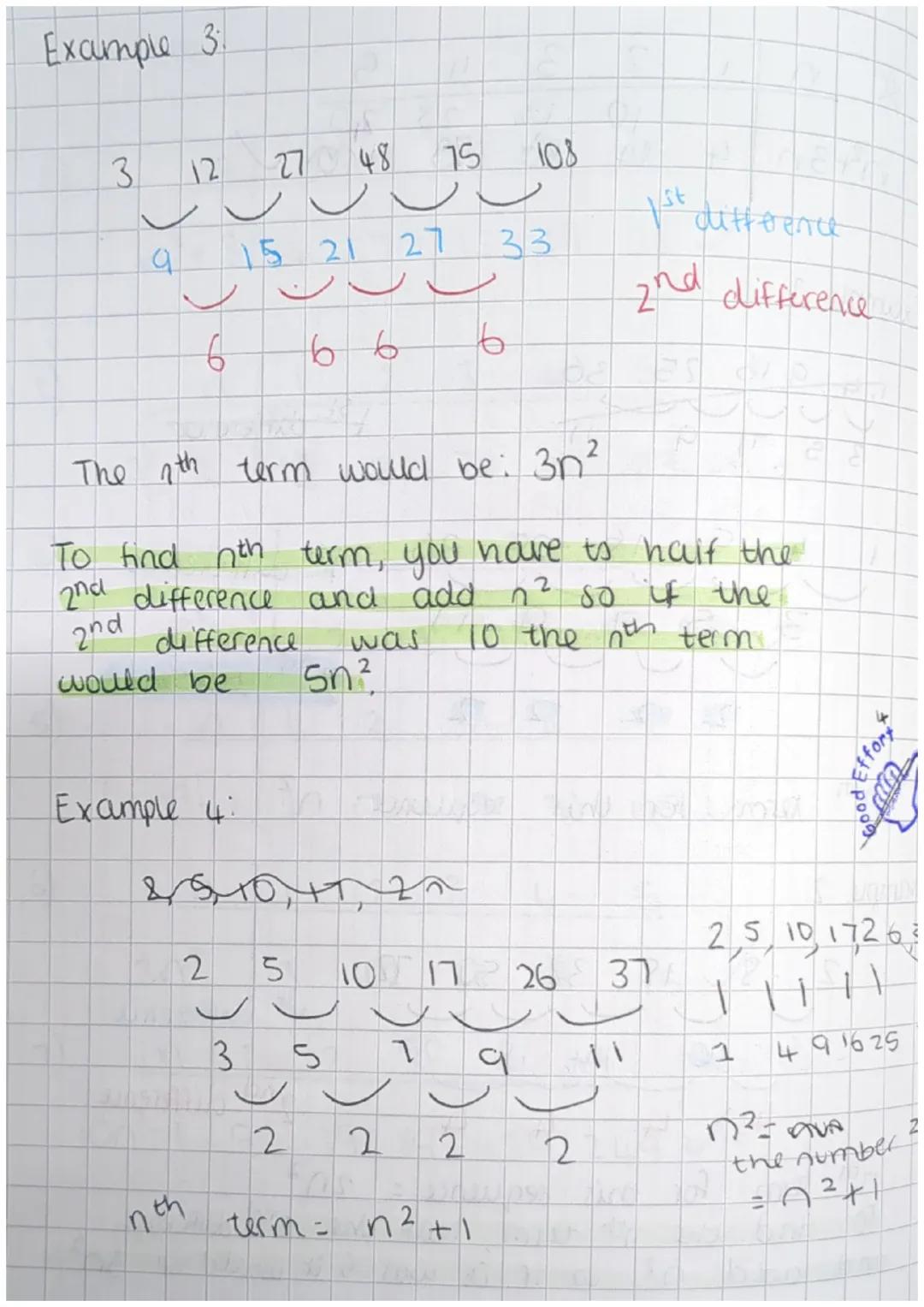 4 9 16 25 36 1st difference
9 16 25 3
Example 2
3 5 7 9
9 11
22
2
nth term for this sequence: n'
2 8 18 32 50 12
110 14 18 22
4
no
4 4
Jt
di