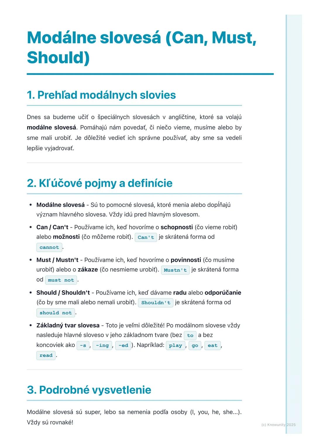 # Modálne slovesá (Can, Must,
Should)
1. Prehľad modálnych slovies
Dnes sa budeme učiť o špeciálnych slovesách v angličtine, ktoré sa vol