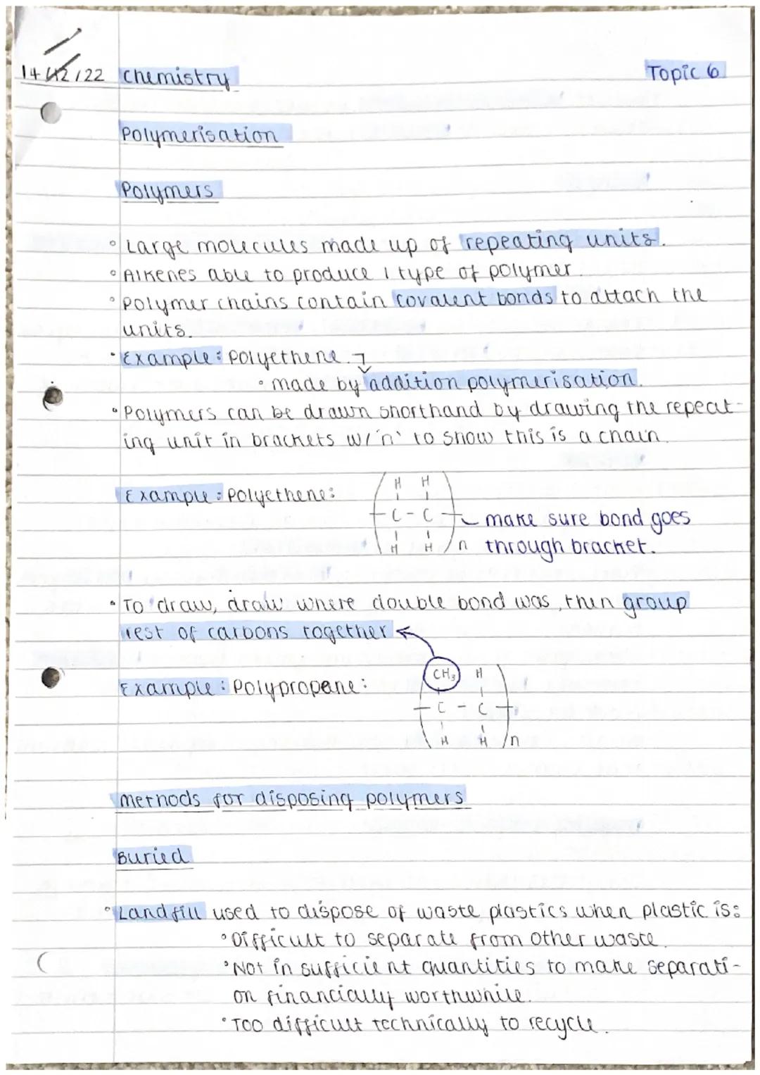 # 1442/22 chemistry
# Polymerisation
# Polymers
Topic 6
* Large mouculus made up of repeating units.
* Alkenes able to produce I typ