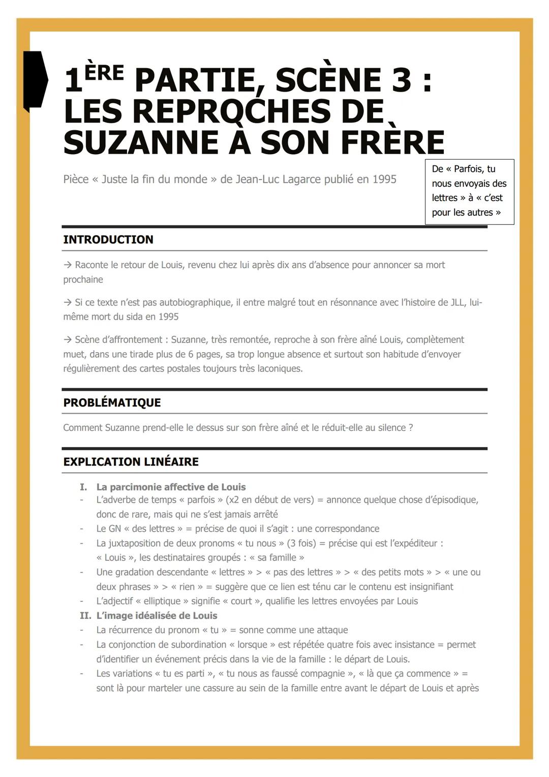 # 1ÈRE PARTIE, SCÈNE 3 :
# LES REPROCHES DE
# SUZANNE À SON FRÈRE
Pièce << Juste la fin du monde » de Jean-Luc Lagarce publié en 1995
De <