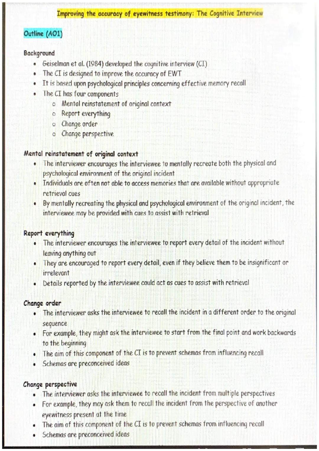 # Improving the accuracy of eyewitness testimony: The Cognitive Interview
Outline (A01)
Background
* Geiselman et al. (1984) developed