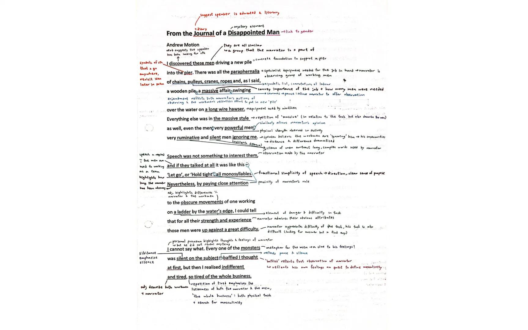 suggest speaker is educated a literary
=diary
mystery element
From the Journal of a Disappointed Man link to gender
Andrew Motion
verb ang