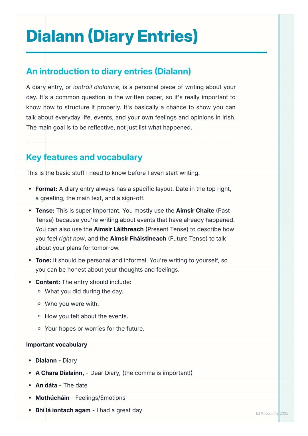 # Dialann (Diary Entries)
An introduction to diary entries (Dialann)
A diary entry, or iontráil dialainne, is a personal piece of writing