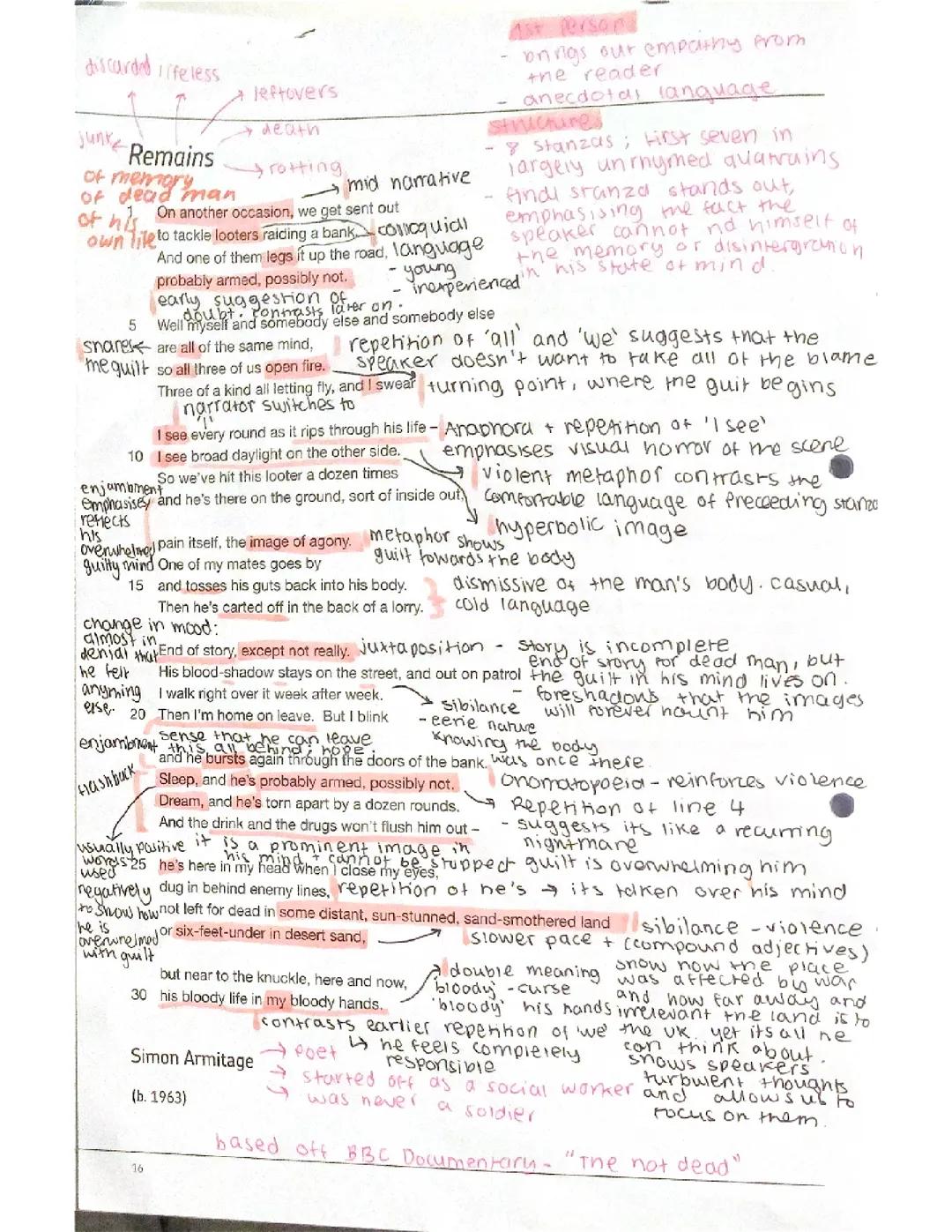 Aqa gcse english literature power and conflict poems - remains annotations (incl. structure)