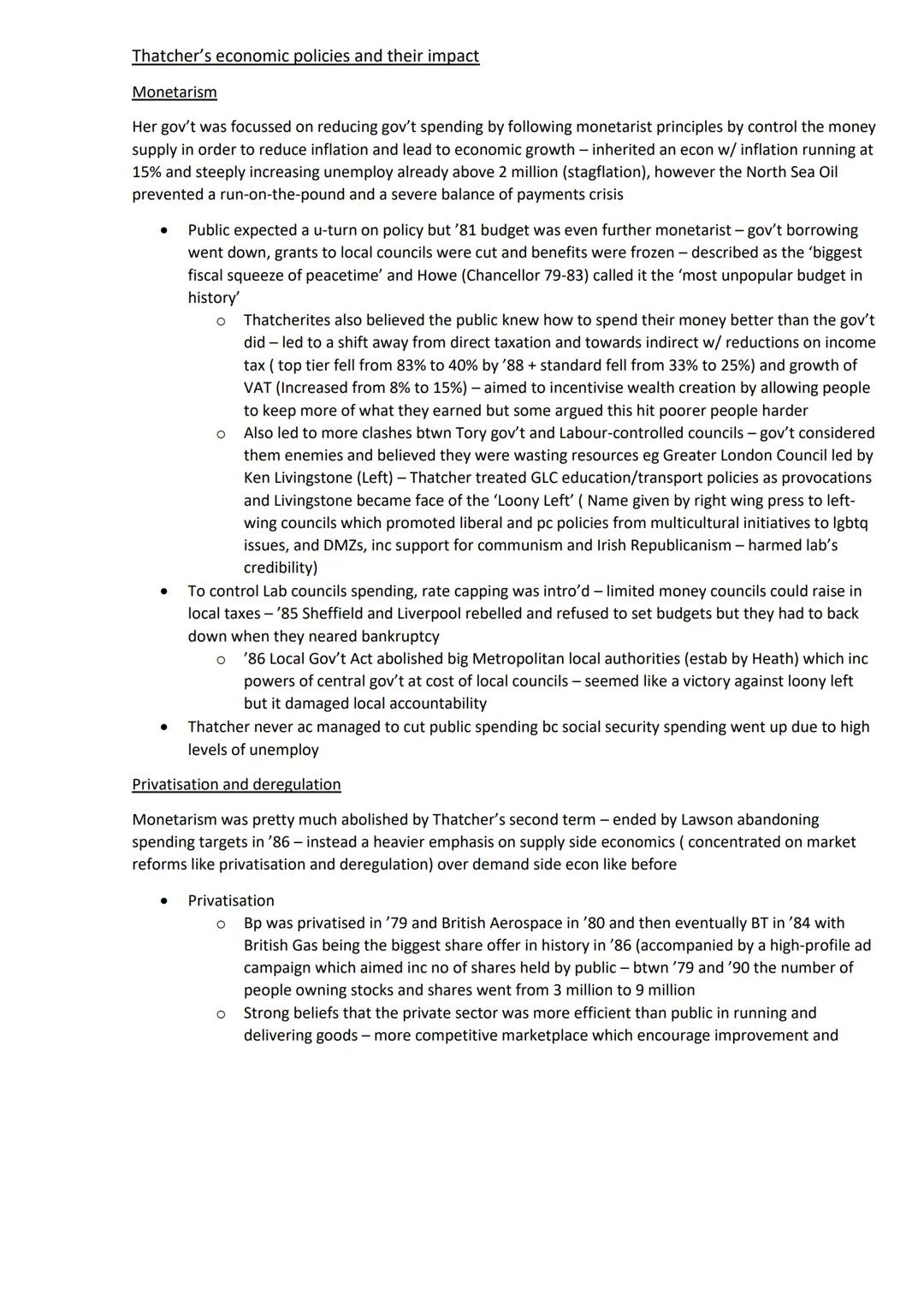 A Level History Modern Britain Topic 4 Section 2 Thatcher's Economics and their impacts
