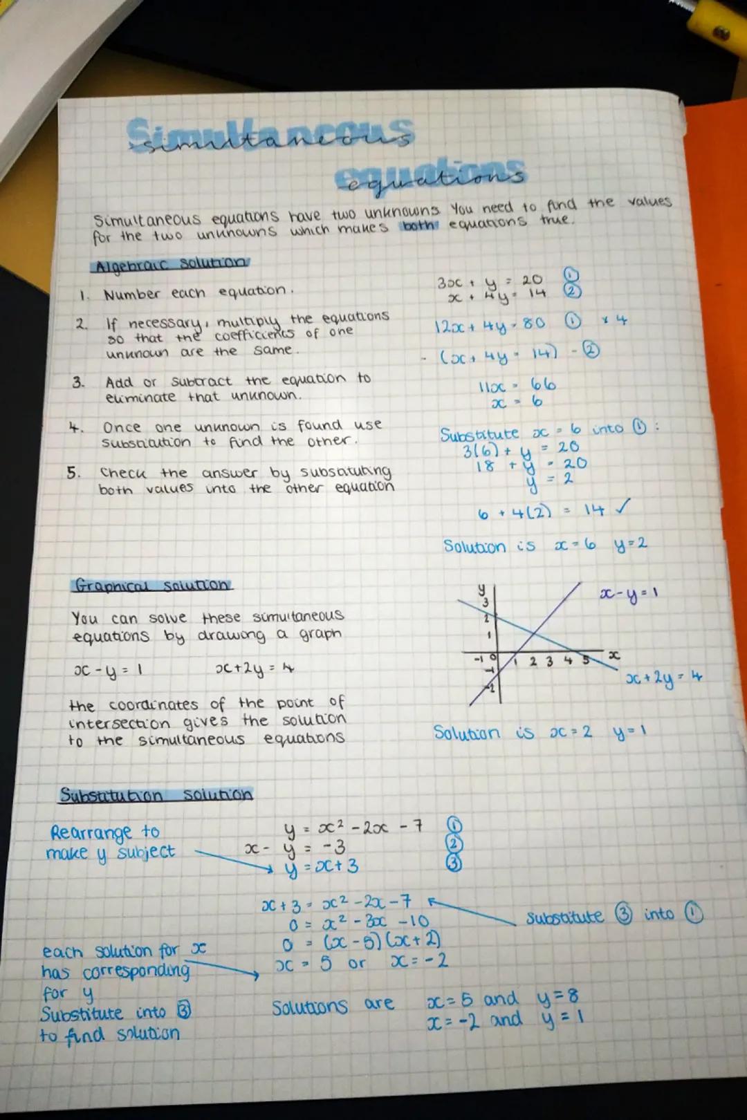 1.
2.
3.
4.
5.
Simultaneous
equations
Simultaneous equations have two unknowns You need to find the values
for the two unknowns which makes