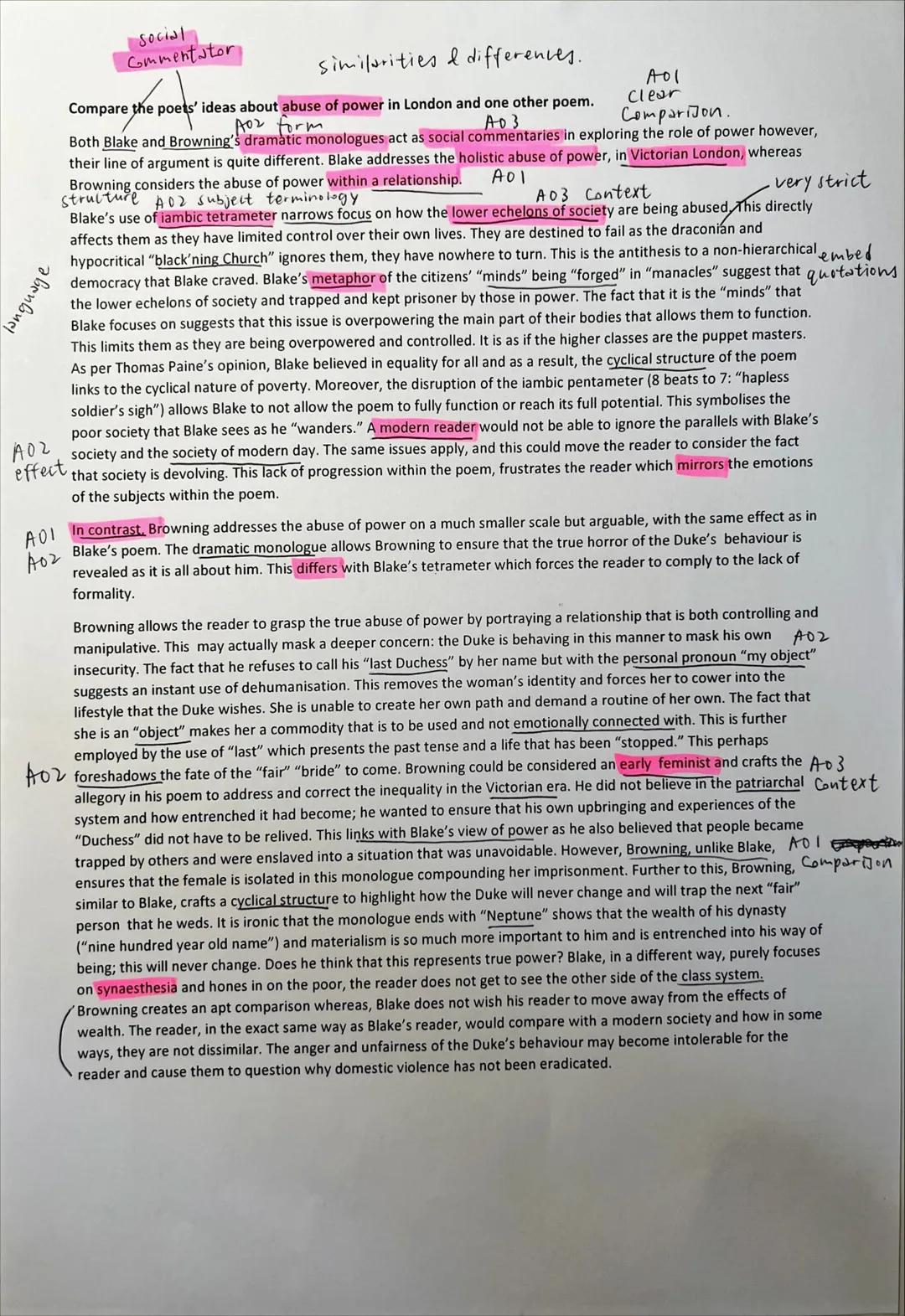 similarities & differences.
Comparison.
Compare the poets' ideas about abuse of power in London and one other poem.
Aoz form
A03
Both Blake