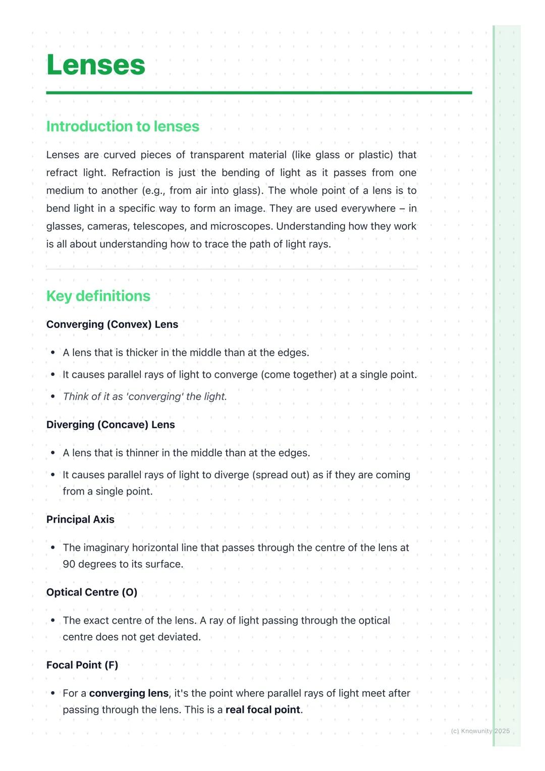# Lenses
Introduction to lenses
Lenses are curved pieces of transparent material (like glass or plastic) that
refract light. Refraction is