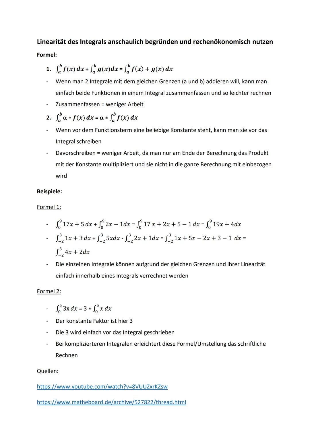 Linearität des Integrals anschaulich begründen und rechenökonomisch nutzen
Formel:
1. $\int_a^b f(x) dx + \int_a^b g(x)dx = \int_a^b f(x)