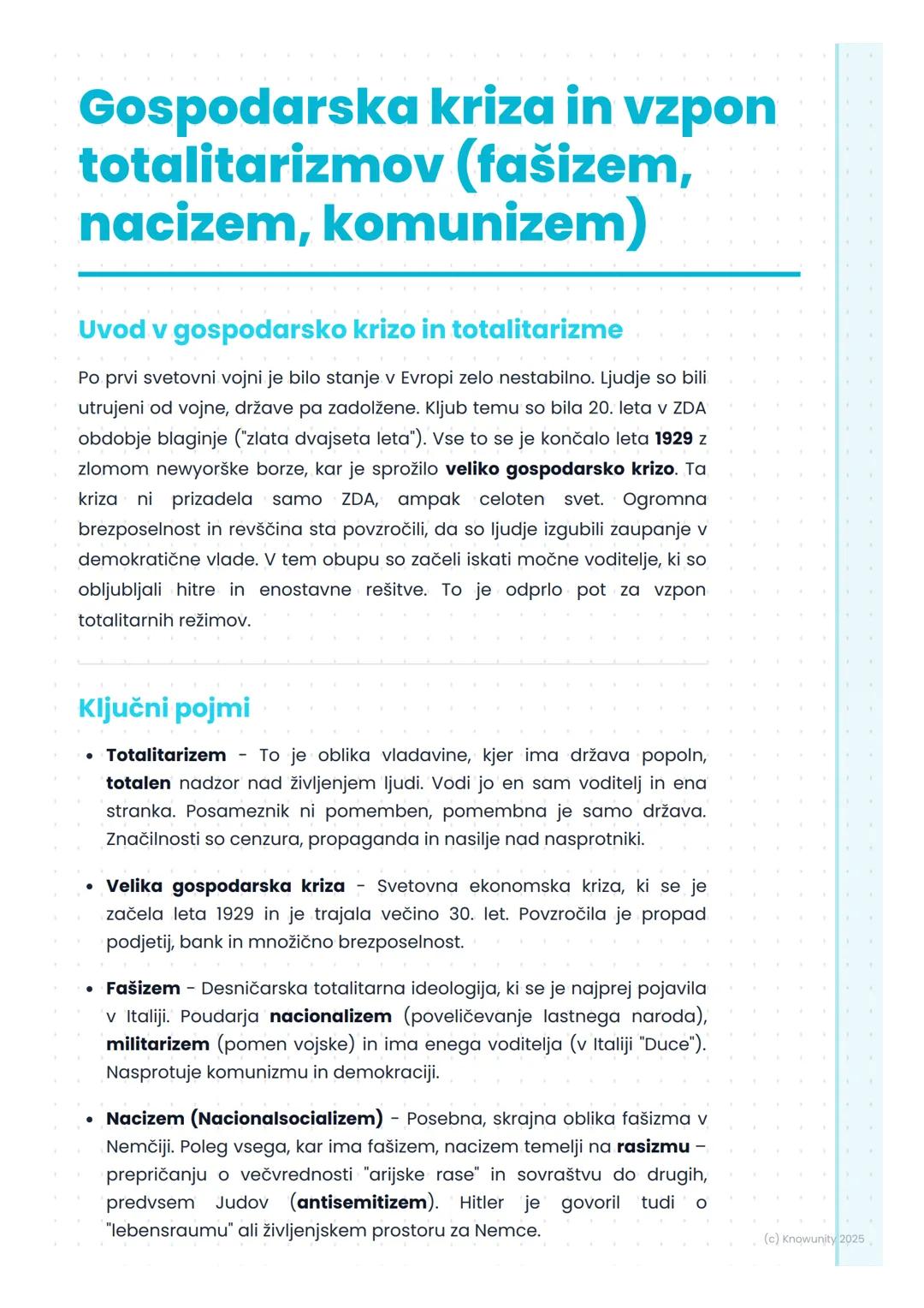 # Gospodarska kriza in vzpon
totalitarizmov (fašizem,
nacizem, komunizem)
## Uvod v gospodarsko krizo in totalitarizme
Po prvi svetovni vo