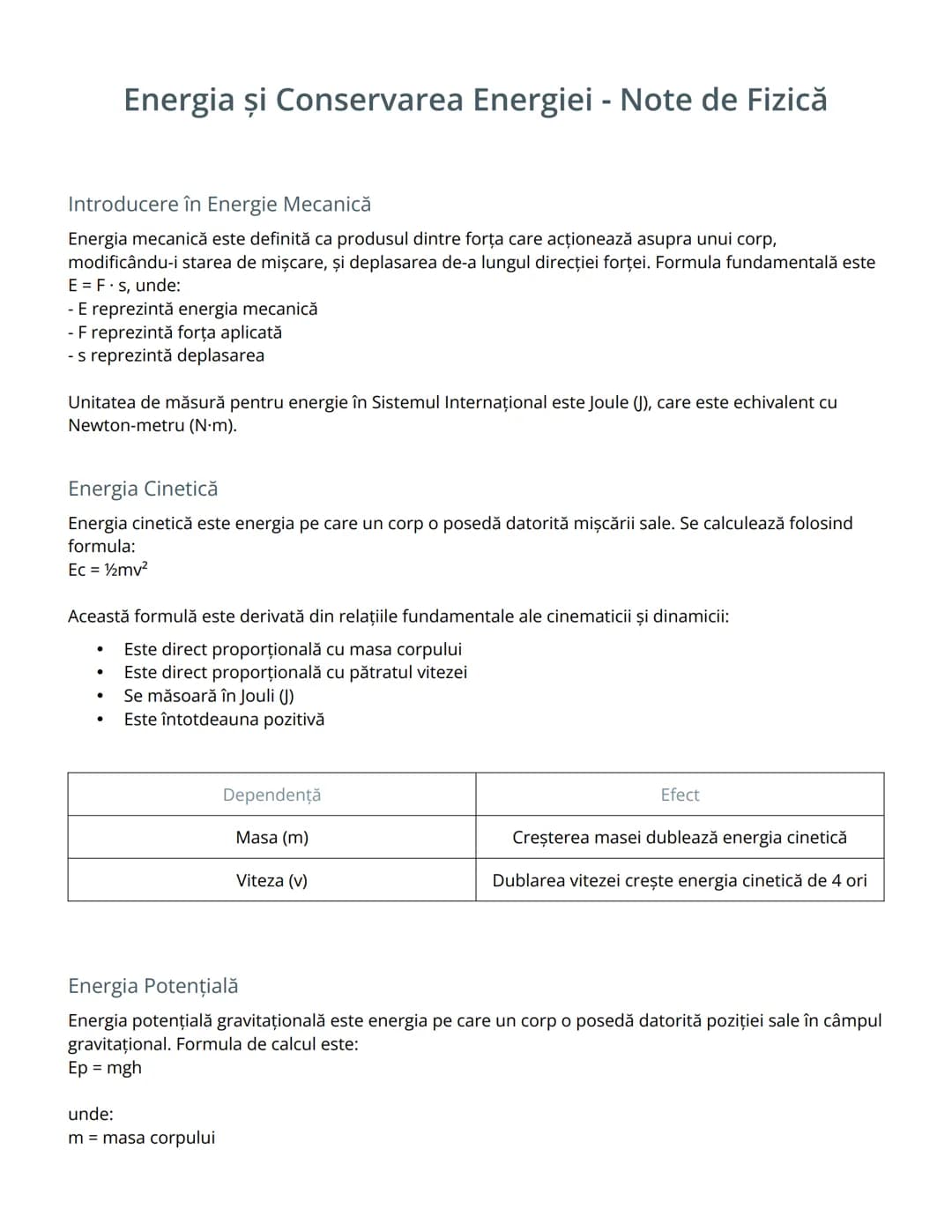 # Energia și Conservarea Energiei - Note de Fizică
Introducere în Energie Mecanică
Energia mecanică este definită ca produsul dintre forţa
