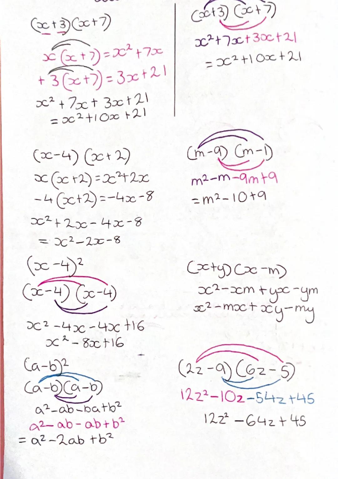 3(x-2)
= 3x-6
-2 Cy+4)
-24-8
=
x (x + 4)
x² + 4x
multiplying brackets
Single brackets
5(x + 7)
-5x+35
-7(m-3)
=-7m+24
y (2y-m)
= 2y²-ym
x-n-
